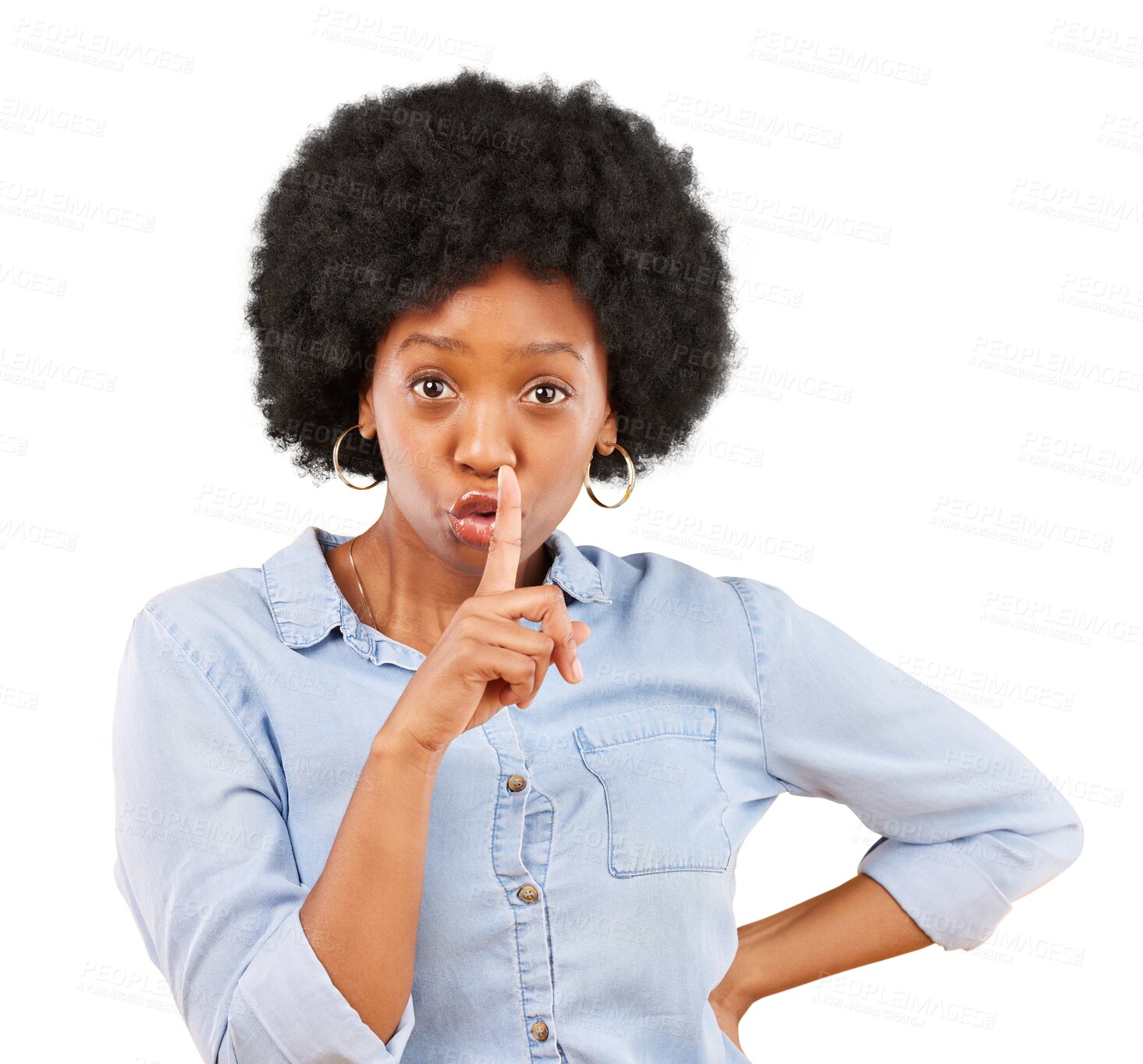 Buy stock photo Portrait, woman and secret with finger on lips for privacy, mystery news and noise isolated on transparent png background.  Face of african model, silence and whisper for drama, gossip or quiet emoji