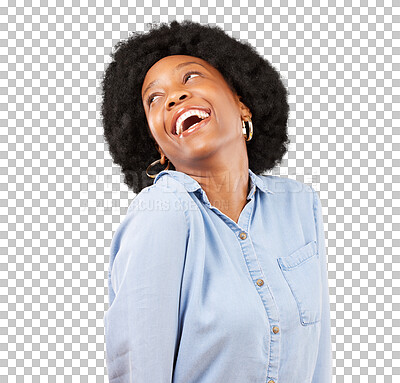 Buy stock photo Happy, laughing and black woman with fashion and style isolated on png transparent background. Excited, funny and confident African female person smile and comic, stylish with cool casual clothes