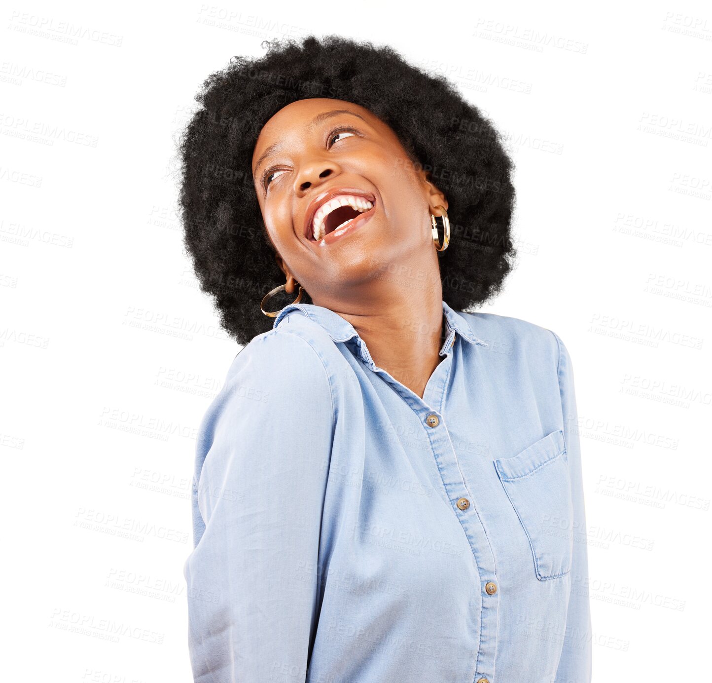 Buy stock photo Happy, laughing and black woman with fashion and style isolated on png transparent background. Excited, funny and confident African female person smile and comic, stylish with cool casual clothes