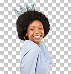 Portrait, queen smile and black woman with crown in studio isolated on a yellow background. Paper, royal tiara and happy, beauty and confident African female model or princess with royalty pride.