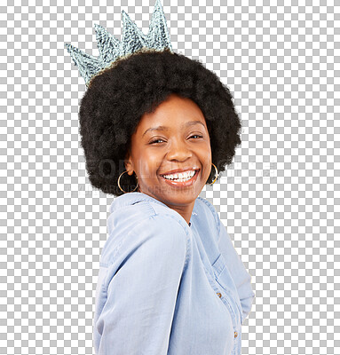 Buy stock photo Black woman, smile with crown and queen in portrait with happiness isolated on png transparent background. Casual fashion, princess and royalty, female person with afro hair and smile on face