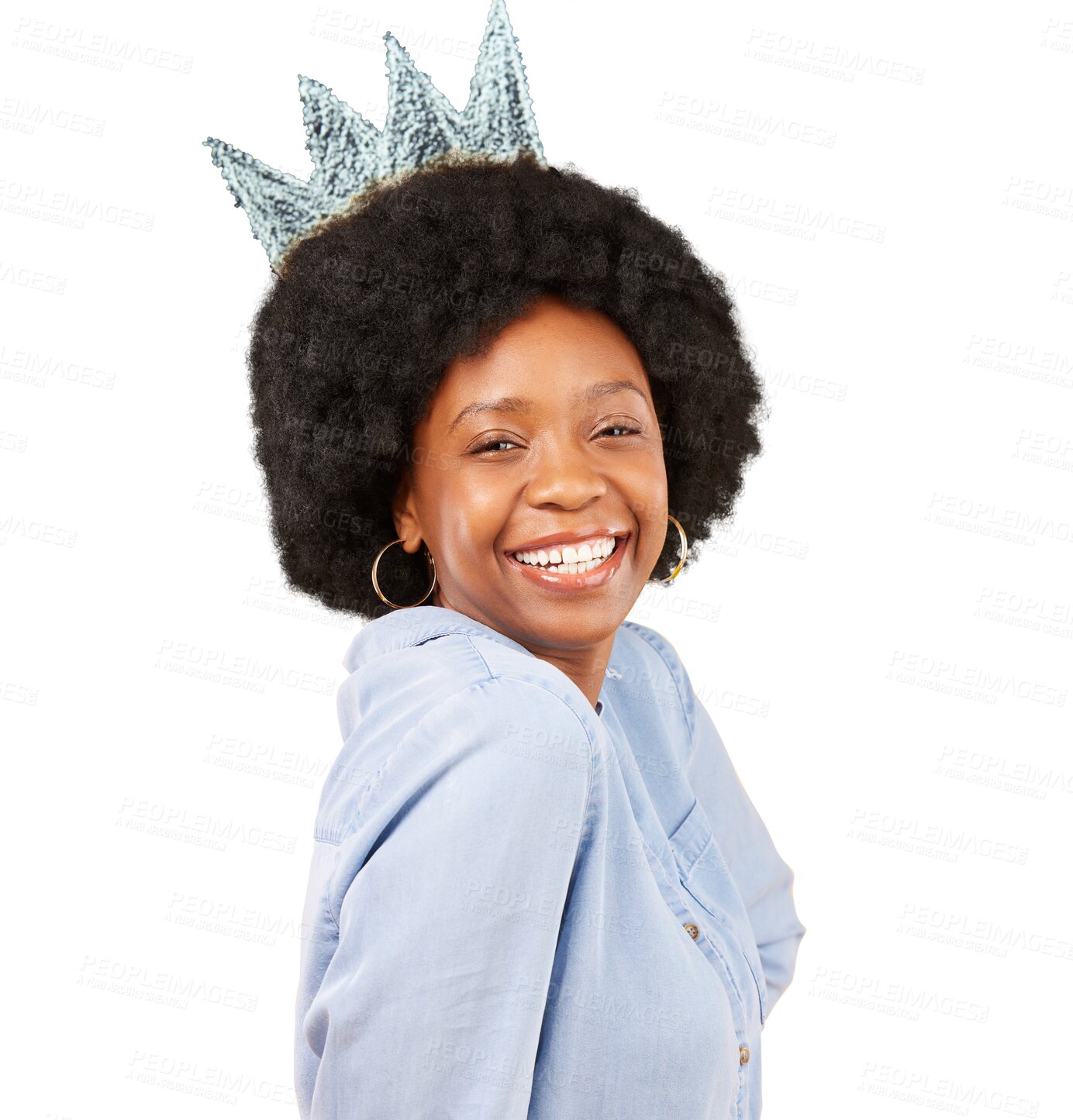 Buy stock photo Black woman, smile with crown and queen in portrait with happiness isolated on png transparent background. Casual fashion, princess and royalty, female person with afro hair and smile on face