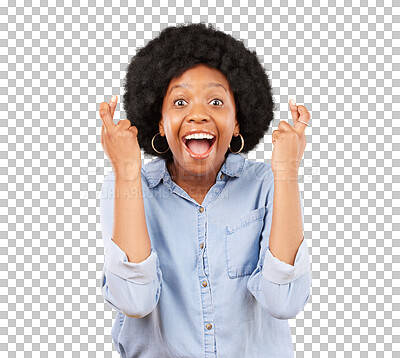 Buy stock photo Happy, woman and portrait with fingers crossed for surprise wish, hope and good luck isolated on transparent png background. Wow face, excited african model and emoji for competition, winner or prize