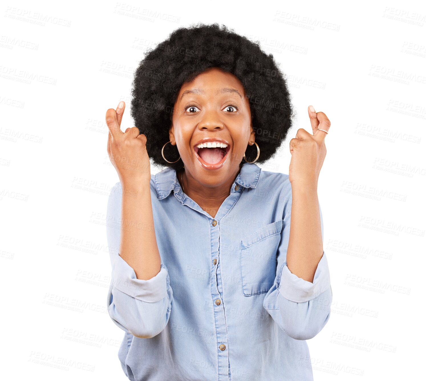 Buy stock photo Happy, woman and portrait with fingers crossed for surprise wish, hope and good luck isolated on transparent png background. Wow face, excited african model and emoji for competition, winner or prize