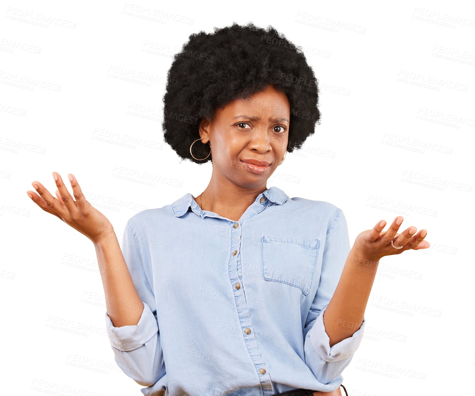 Buy stock photo Confused, doubt and portrait of black woman with hands in gesture to show decision on transparent, isolated or png background. Choice, frustrated face and girl with a faq, question or thinking why