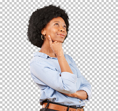 Buy stock photo Happy black woman, thinking and solution to ideas, planning future or question why isolated on transparent png background. Curious model daydream of decision, remember insight or brainstorming vision