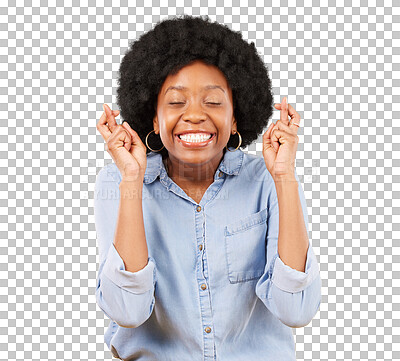 Buy stock photo Happy black woman, fingers crossed and hope for success isolated on transparent png background for good luck. Excited model, hands and wish for bonus, winning lottery and emoji for competition prize