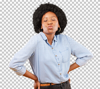 Flirty, attitude and a black woman with a kiss for love isolated on a yellow background. Young, expression and an African girl showing affection, care and a fashionable look on a studio backdrop