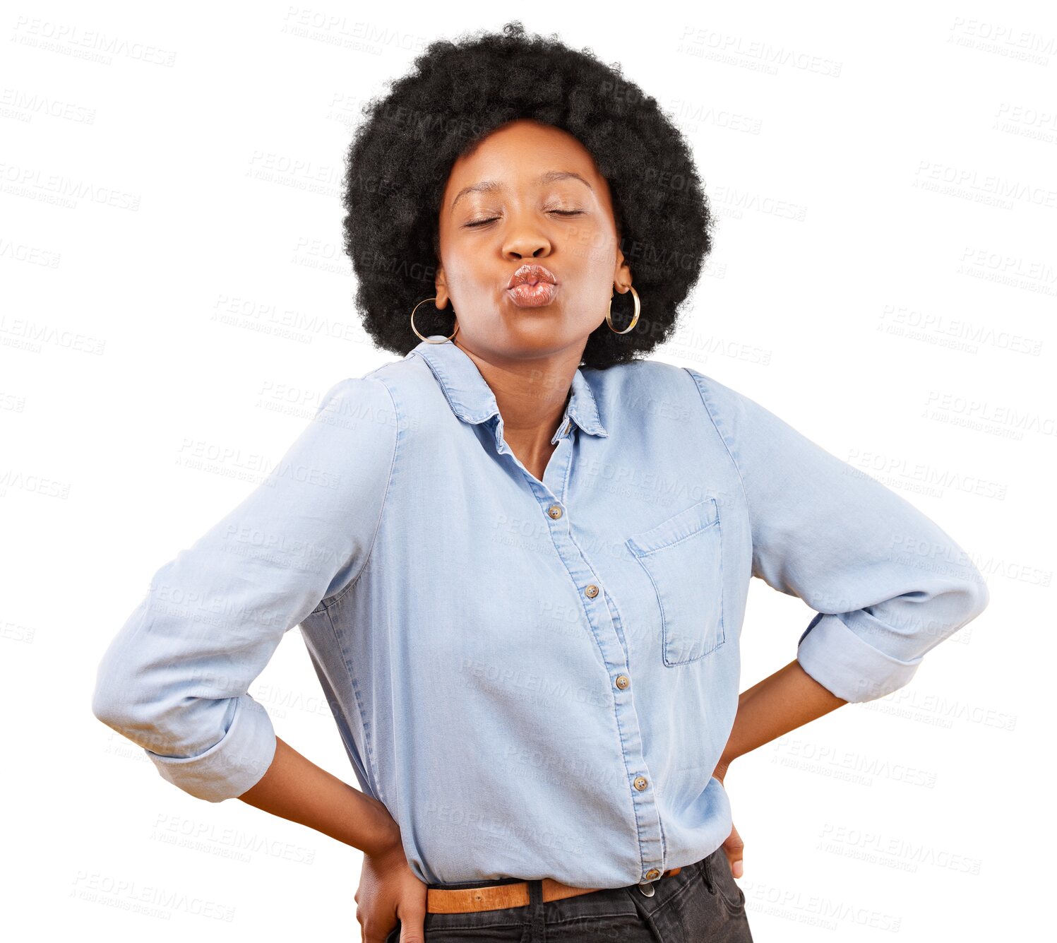 Buy stock photo Pout, attitude and black woman with a kiss for love emoji isolated in a transparent or png background. Young, expression and African girl or person showing affection, care and fashion clothes