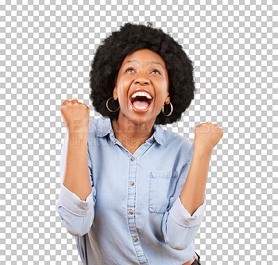 Buy stock photo Black woman, surprise or success for winning, fist and celebrate deal, lotto prize or isolated on transparent png background. Happy african model scream in celebration of bonus goals, pride or winner