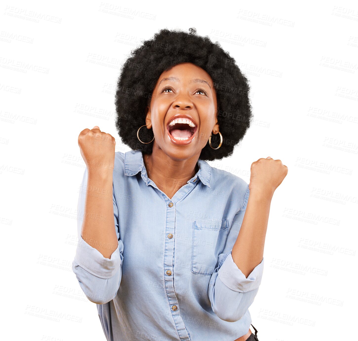 Buy stock photo Black woman, surprise or success for winning, fist and celebrate deal, lotto prize or isolated on transparent png background. Happy african model scream in celebration of bonus goals, pride or winner