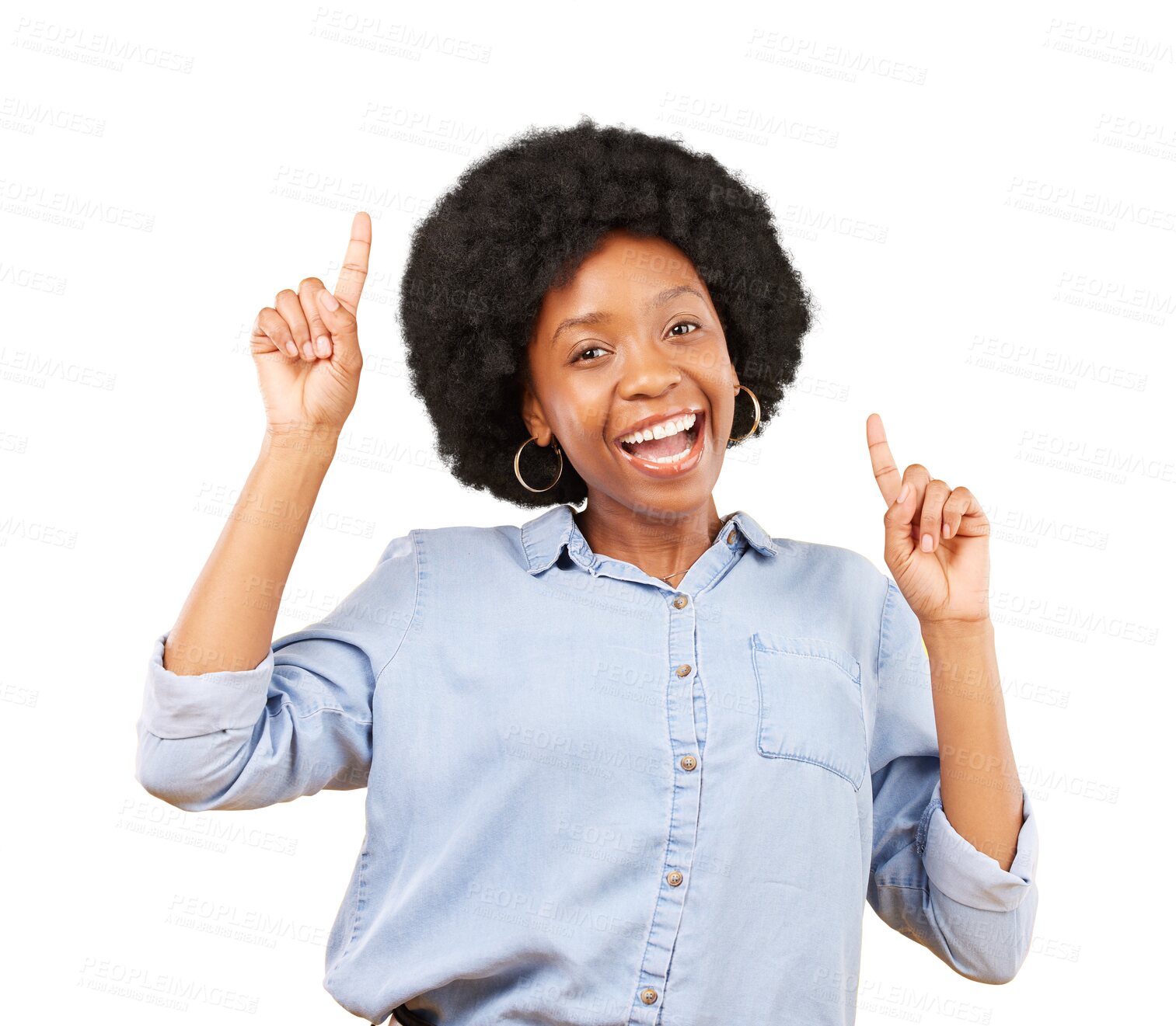 Buy stock photo Portrait, pointing up and black woman with promotion, happy and opportunity isolated on a transparent background. Face, female person and model with gesture, excited and happiness with png and choice