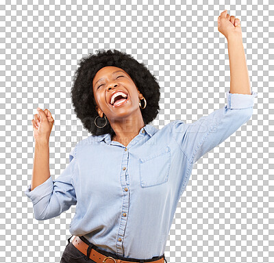 Buy stock photo Happy black woman, dance and success for freedom, celebrate party and winning bonus lottery while isolated on a transparent png background. Excited model, celebration and dancing for competition deal