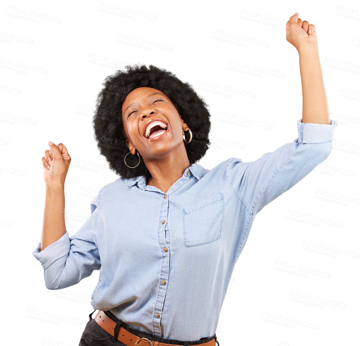 Buy stock photo Happy black woman, dance and success for freedom, celebrate party and winning bonus lottery while isolated on a transparent png background. Excited model, celebration and dancing for competition deal