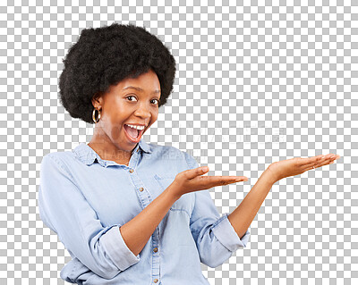 Buy stock photo Pointing, hands and portrait of a black woman with promotion, menu or choice of option on transparent, isolated or png background. Gesture, smile and African female model to show presentation of info