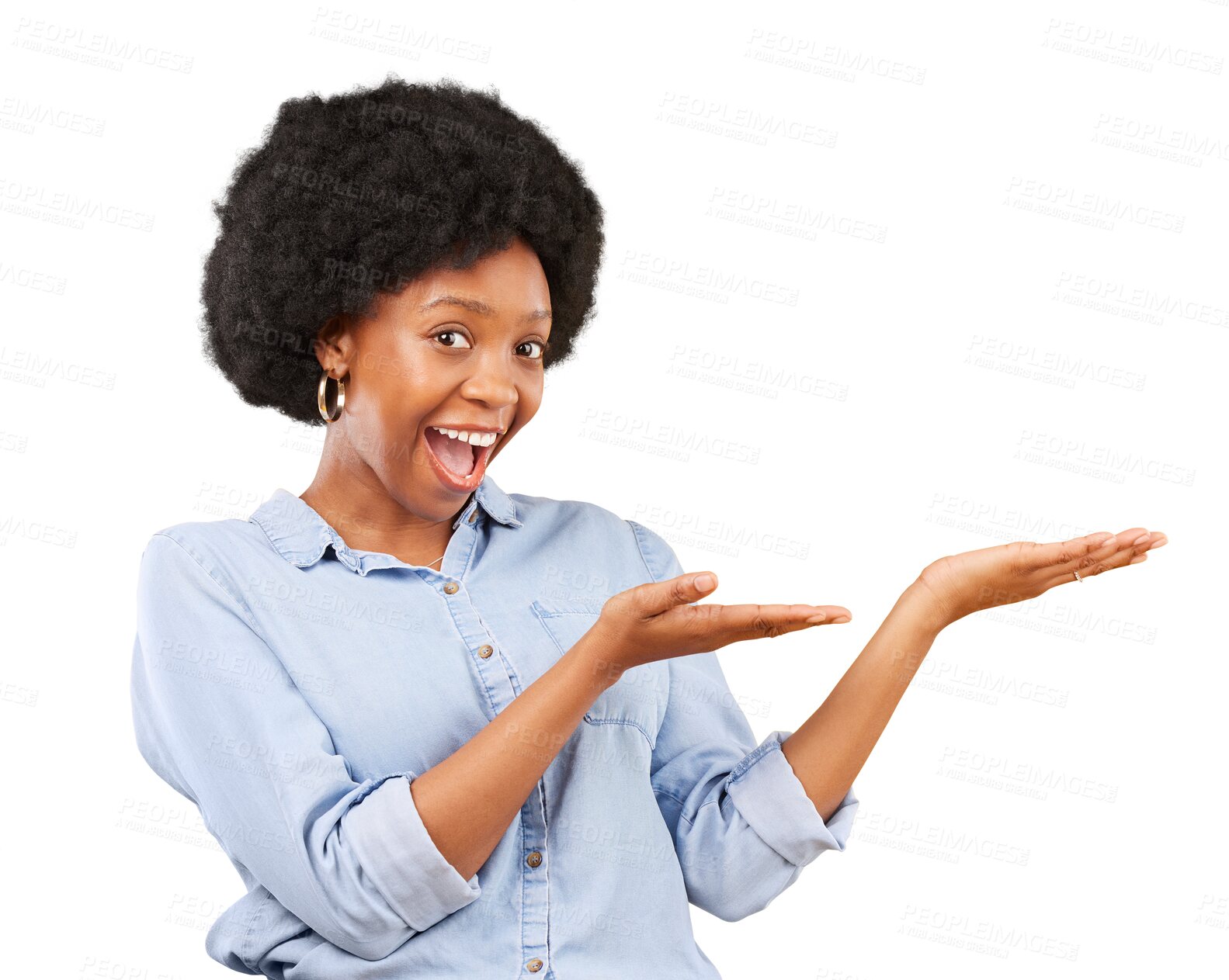 Buy stock photo Pointing, hands and portrait of a black woman with promotion, menu or choice of option on transparent, isolated or png background. Gesture, smile and African female model to show presentation of info