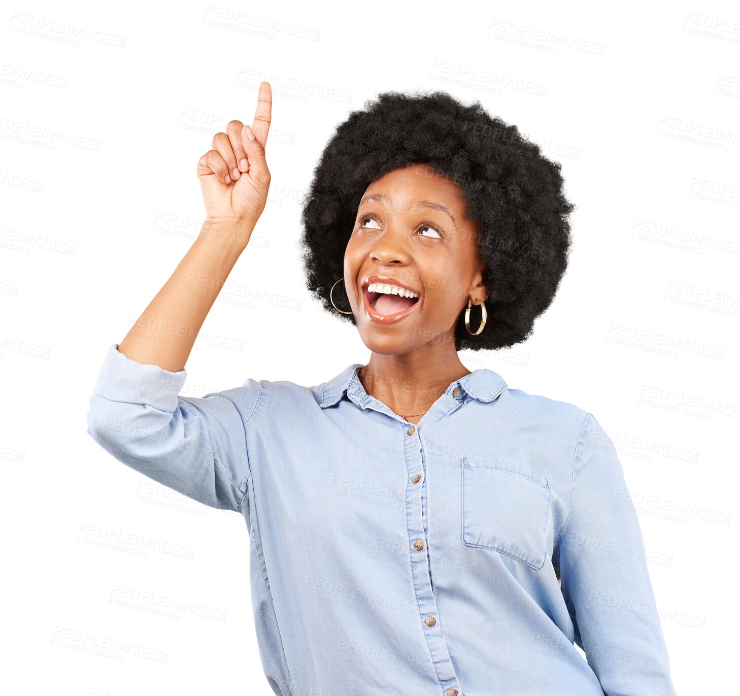 Buy stock photo Happy, pointing up or black woman with promotion, excited or opportunity isolated on transparent background. Deal, female person and model with gesture, presentation and marketing with png and choice