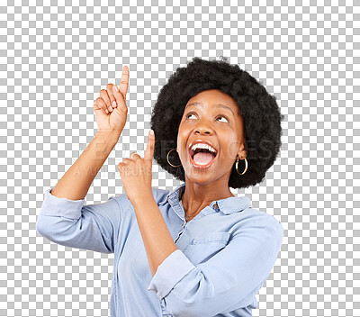 Buy stock photo Funny, pointing up and black woman with a smile, promotion and excited isolated on a transparent background. Female person, happy and model with gesture, sales and direction with png and opportunity