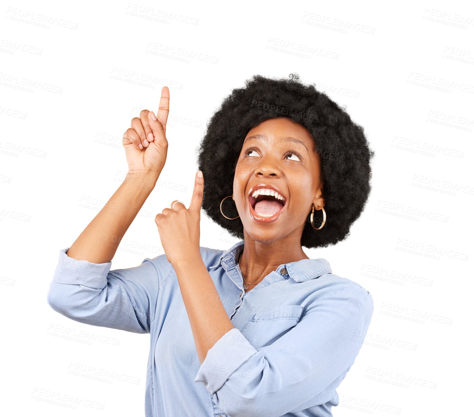 Buy stock photo Funny, pointing up and black woman with a smile, promotion and excited isolated on a transparent background. Female person, happy and model with gesture, sales and direction with png and opportunity