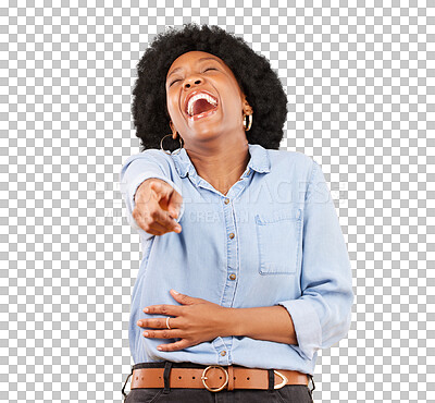 Buy stock photo Comic, hand pointing and laughing black woman on isolated, transparent and png background. Funny, joke and African female model laugh at you, silly or reaction to comedy, comment or prank gesture