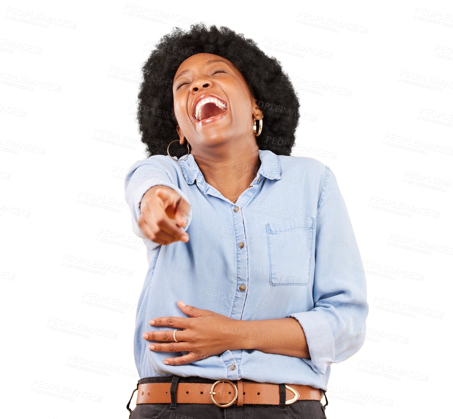 Buy stock photo Comic, hand pointing and laughing black woman on isolated, transparent and png background. Funny, joke and African female model laugh at you, silly or reaction to comedy, comment or prank gesture