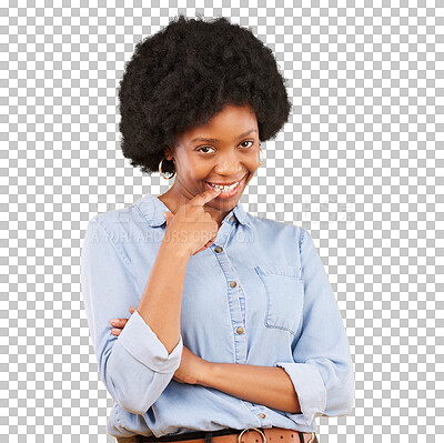 Buy stock photo Happy, biting finger and portrait of a black woman with confidence, flirting and shy face. Happiness, smirk and African female model with a sexy gesture isolated on a transparent, png background