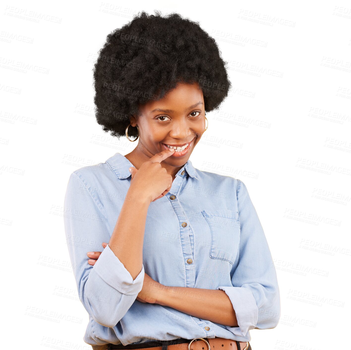 Buy stock photo Happy, biting finger and portrait of a black woman with confidence, flirting and shy face. Happiness, smirk and African female model with a sexy gesture isolated on a transparent, png background