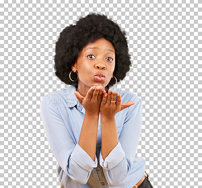 Buy stock photo Portrait, black woman and blow kiss while isolated on a transparent png background for love, romance or flirting. Face of female model, kissing expression or emoji reaction for care on valentines day