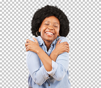 Black woman, happy with self love and hug body, smile and joy with eyes closed on yellow studio background. Female is cheerful, wellness and positive mindset with mockup space, happiness and selfcare