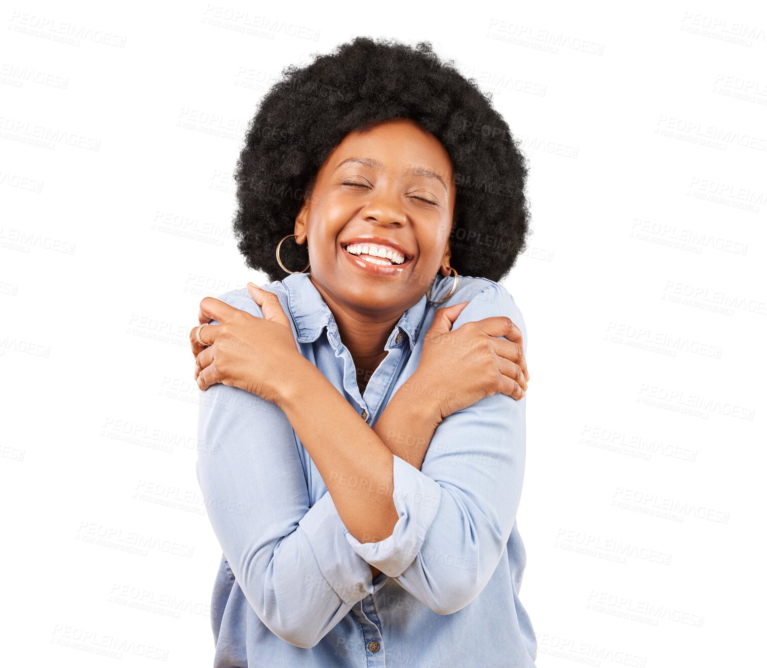 Buy stock photo Smile, hug and peace with black woman and self love on png for care, confidence and pride. Happy, gratitude and acceptance with person isolated on transparent background for happiness and empowerment
