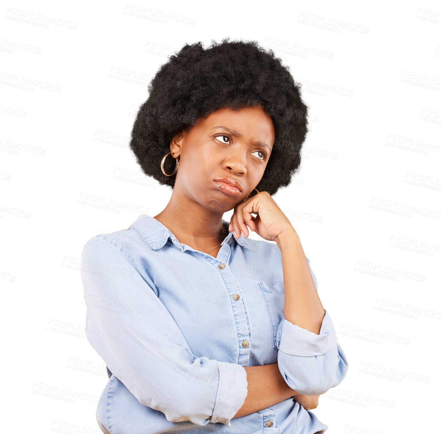 Buy stock photo Depression, thinking and sad black woman bored on isolated, transparent or png background. Face, frown and African female model with broken heart, trauma or memory, mental health or mistake guilt