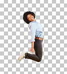 Happy, excited and portrait of black woman jump on yellow background with energy, happiness and smile in studio. Winner mockup, celebration and isolated girl jumping for freedom, winning and success