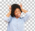 Goofy, happy and portrait of a black woman in a studio with a silly, funny and comic gesture. Happiness, smile and African female model with peace sign for bunny ears on her head by yellow background