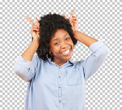 Buy stock photo Goofy, smile and portrait of a black woman, funny and silly girl isolated on a transparent background. Face, person and model with bunny ears, humor, gesture and png with happiness, playful and fun