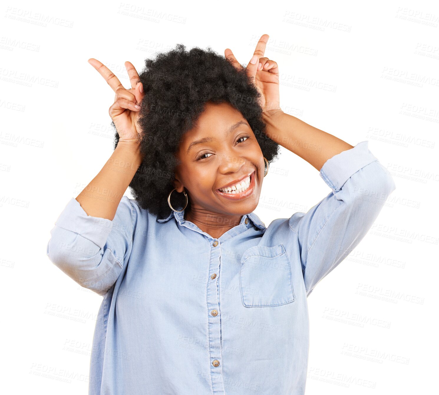 Buy stock photo Goofy, smile and portrait of a black woman, funny and silly girl isolated on a transparent background. Face, person and model with bunny ears, humor, gesture and png with happiness, playful and fun