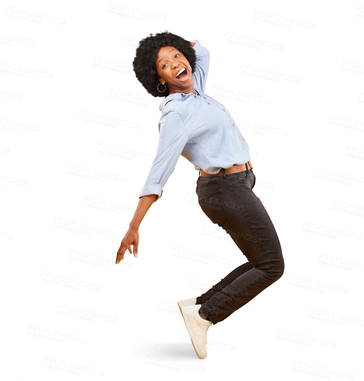 Buy stock photo Wow, excited and black woman in dance pose on toes isolated on a transparent PNG background. Portrait of happy African female person, winner or model in celebration for freedom, winning and success