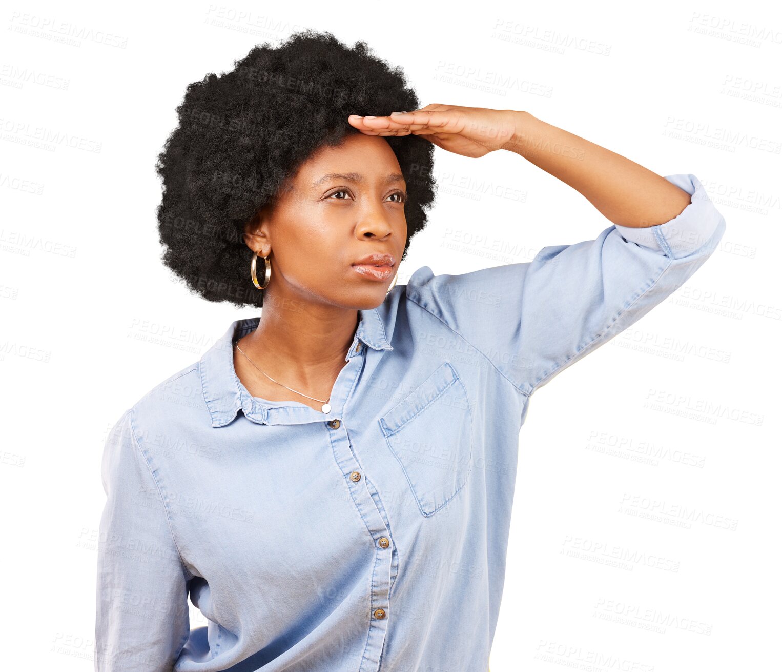 Buy stock photo Woman, hand and search in distance, future and looking ahead isolated on a transparent, png background. Student, african and girl with vision, goal and ambition with serious focus while thinking