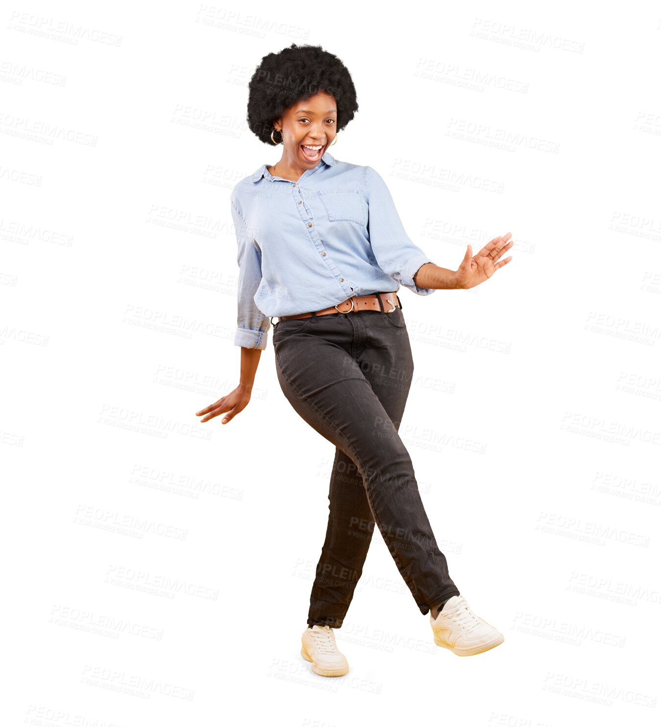 Buy stock photo Dance, excited and portrait of happy black woman in celebration on transparent, isolated or png background. Dancing, African girl and winning smile and moving with freedom, happiness or fashion