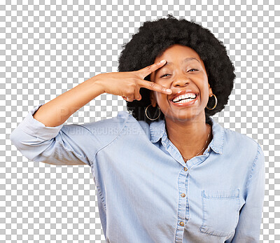 Buy stock photo Peace, sign and black woman with hand in portrait of happiness on transparent, isolated or png background. African, girl or model with playful and fun emoji and gesture with hands for comedy
