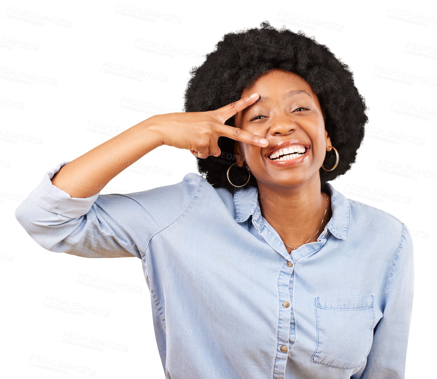 Buy stock photo Peace, sign and black woman with hand in portrait of happiness on transparent, isolated or png background. African, girl or model with playful and fun emoji and gesture with hands for comedy
