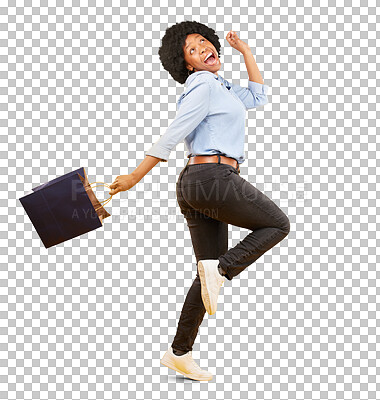 Bag, happy and black woman shopping, excited and celebrating sale in studio on yellow background. Discount, shopper and girl customer cheerful after boutique, retail or store deal posing isolated