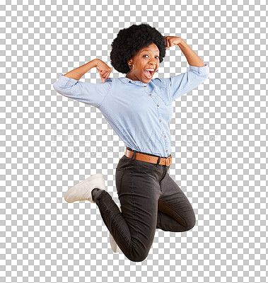 Buy stock photo Freedom, portrait and happy black woman jump on isolated, transparent and png background. Excited, face and African lady model jumping in celebration of news, promo or sale, deal or lottery giveaway 