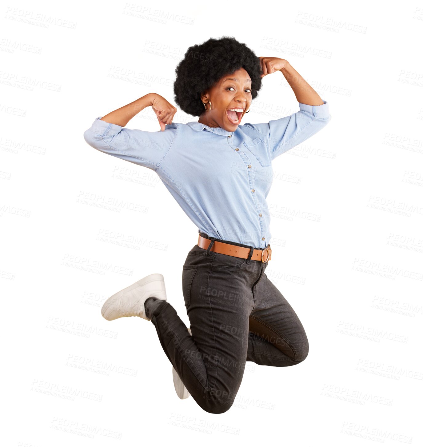 Buy stock photo Freedom, portrait and happy black woman jump on isolated, transparent and png background. Excited, face and African lady model jumping in celebration of news, promo or sale, deal or lottery giveaway 