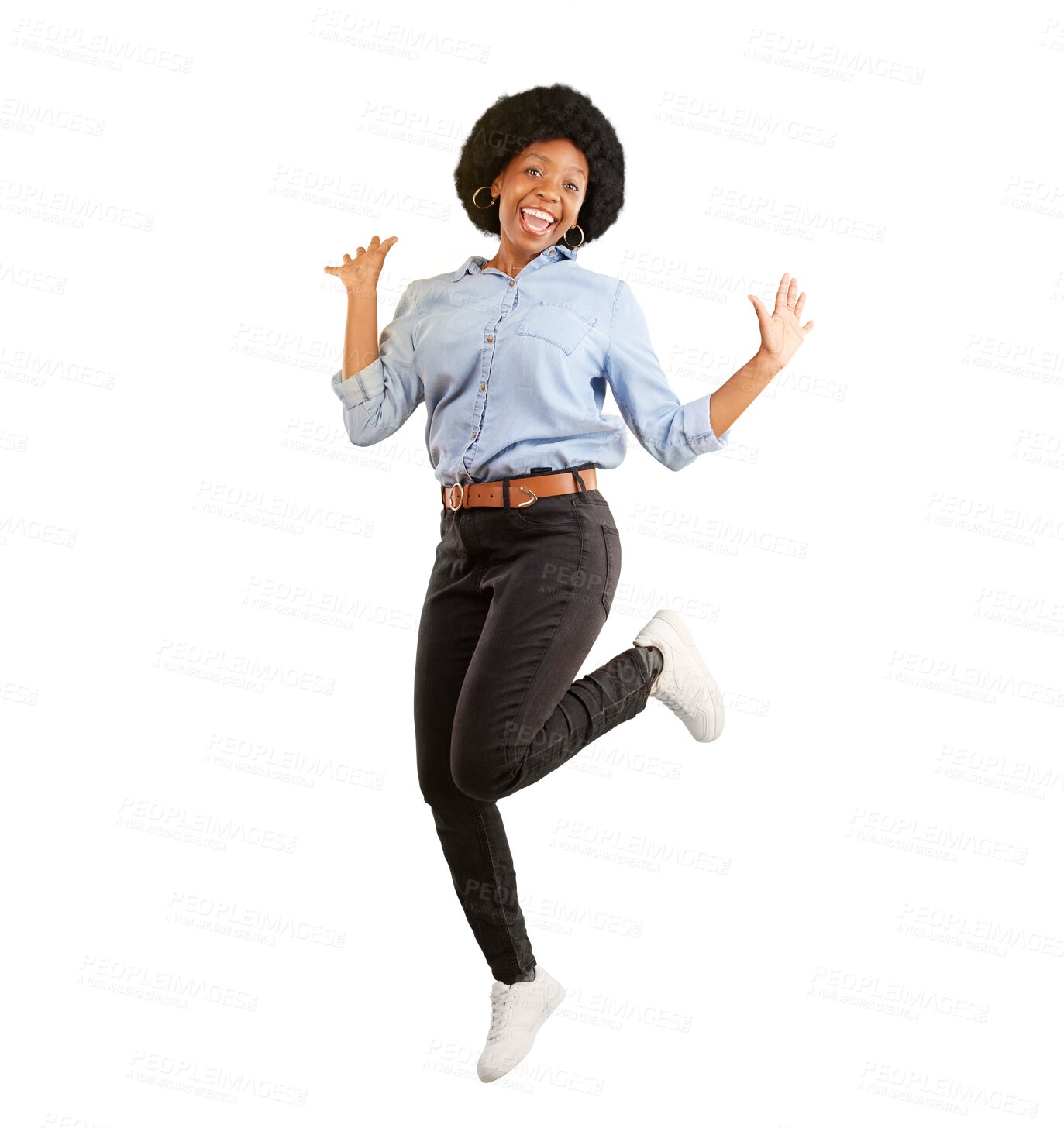 Buy stock photo Portrait, freedom and happy black woman dance on isolated, transparent and png background. Excited, dancing and African lady model with celebration of news, promo or sale, deal or prize giveaway 