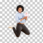 Jump, excited and black woman with gift in air on yellow background with energy, happy and smile in studio. Birthday mockup, celebrate and isolated girl jumping with present, box and surprise package