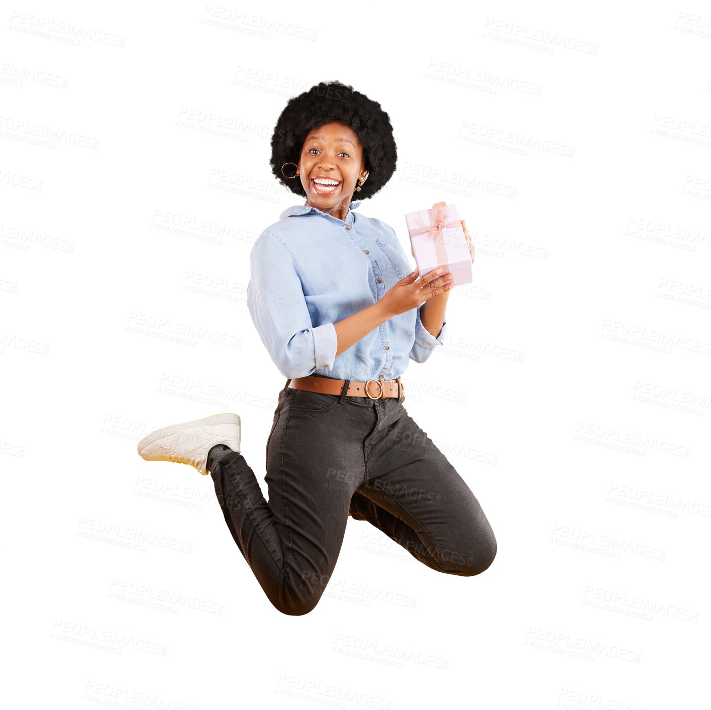 Buy stock photo Jump, excited and black woman with gift, happiness and winner isolated on a transparent background. Portrait, model or female person with energy, happy and surprise package with png, prize or present