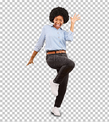 Buy stock photo Excited, happy and portrait of woman with energy and smile for achievement, winning or good news. Winner, celebrate and young African female model with success isolated by transparent png background.