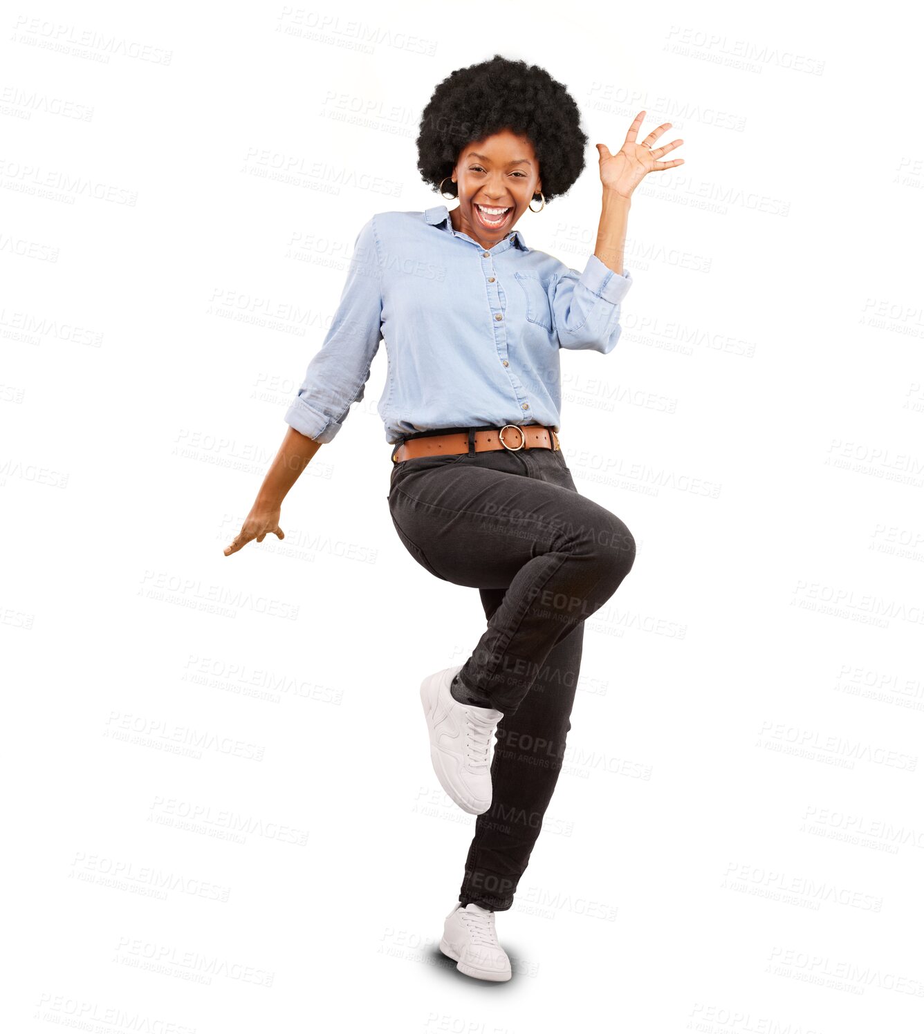 Buy stock photo Excited, happy and portrait of woman with energy and smile for achievement, winning or good news. Winner, celebrate and young African female model with success isolated by transparent png background.