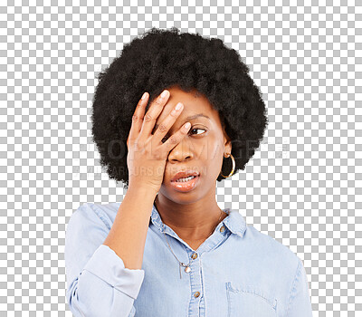 Buy stock photo Depression, frustrated or black woman with headache, anxiety or girl isolated on transparent background. Female person, anxious or model with mental health, angry or migraine with png or lose control