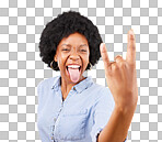Rock hand, metal and black woman portrait in studio with tongue out for punk music. Happiness, freedom and cool young female with isolated yellow background feeling edgy with rocker hands sign